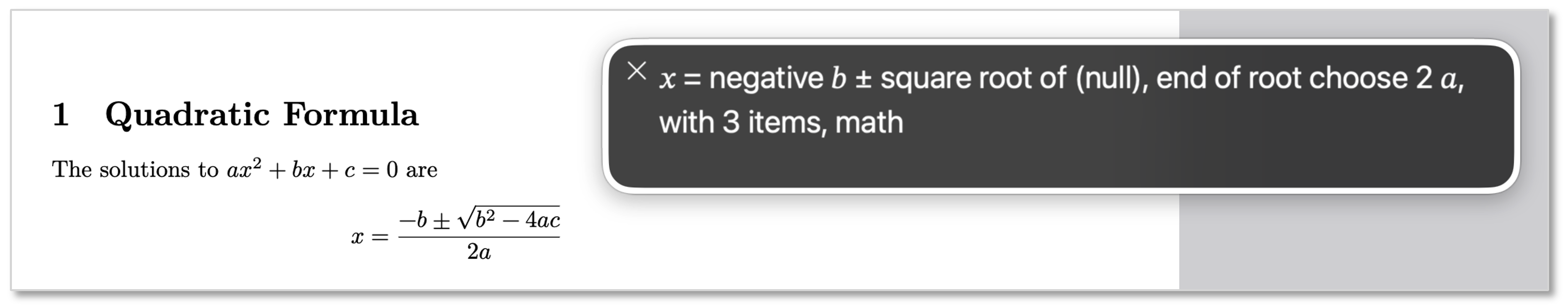 VoiceOver caption misreading the quadratic formula. 
          Details in the following long description.